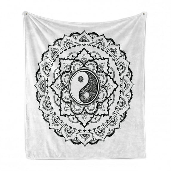 Black and White Soft Flannel Fleece Blanket, Mandala Flower Petals Composition with Harmonious Nature Themed Motif, Cozy Plush for Indoor and Outdoor Use, 70" x 90", Black and White, by Ambesonne