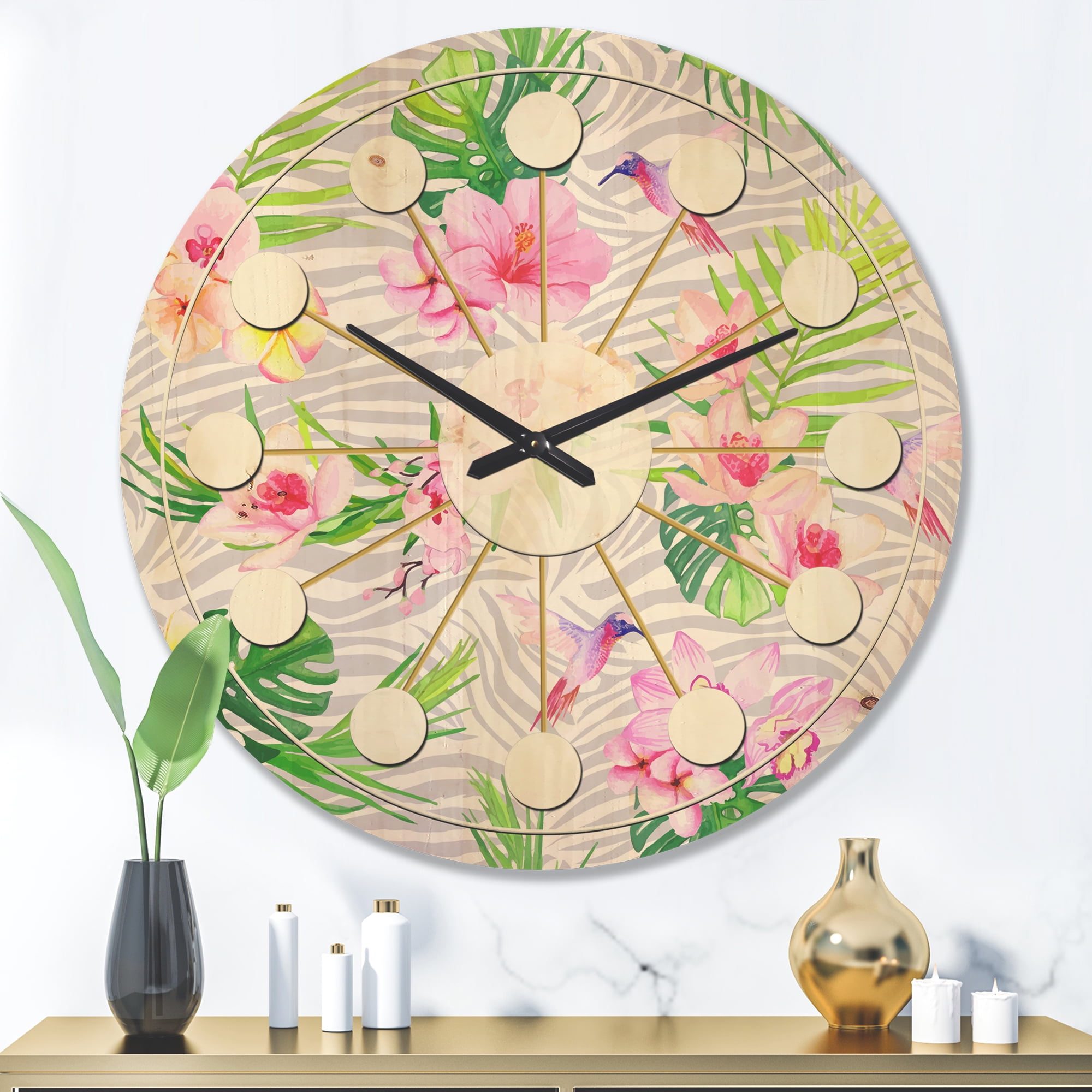 Designart 'Flowers and Tropical Botanicals III' Mid-Century Modern Wood Wall Clock