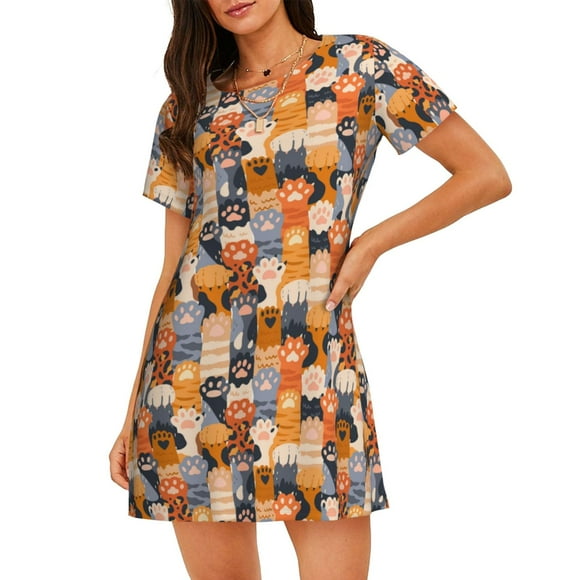 Naloa Cat Paws Print Women Nightgowns,Womens Loungewear,Short Sleeve Sleepwear,Comfy Ladies Nightdress