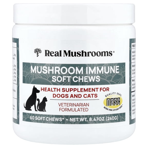 Real Mushrooms Mushroom Immune Soft Chews, For Dogs and Cats, 60 Chews, 8.47 oz (240 g)