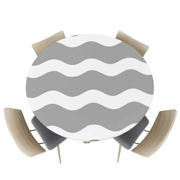 Grey White Abstract Sea Wave Fitted Round Tablecloths Elastic Edged Table Covers 36"-44",Minimalist Stripe Art Waterproof Dining Room Table Cloth for Kitchen Holiday Party Tables Decor