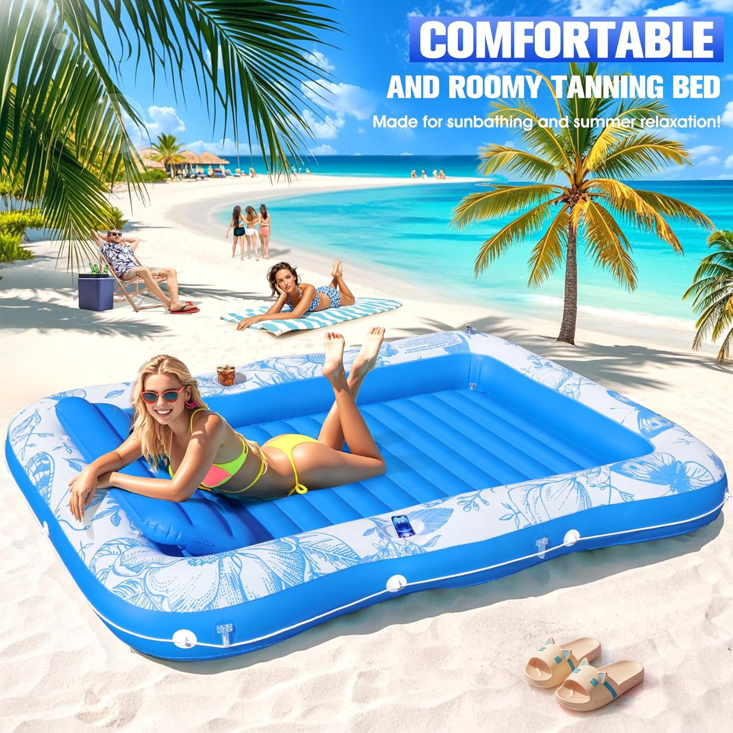 Inflatable Tanning Pool Lounger with Canopy,81"x 60" Large Tanning Floats for Adults,2025 Butterfly Pool Lounger Float,Blow Up Tanning Water Bed with Cup&Phone Holder,Adults Tanning Pools