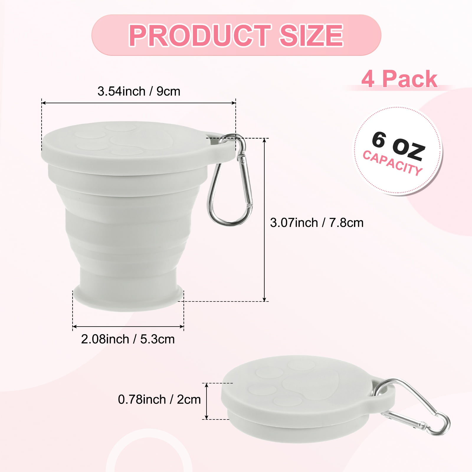 Uxcell 4 Pack Collapsible Travel Cup, 6oz(180ml) Silicone Cat Paw Portable Foldable Water Cup Bottle with Spring Buckle [Light Gray]