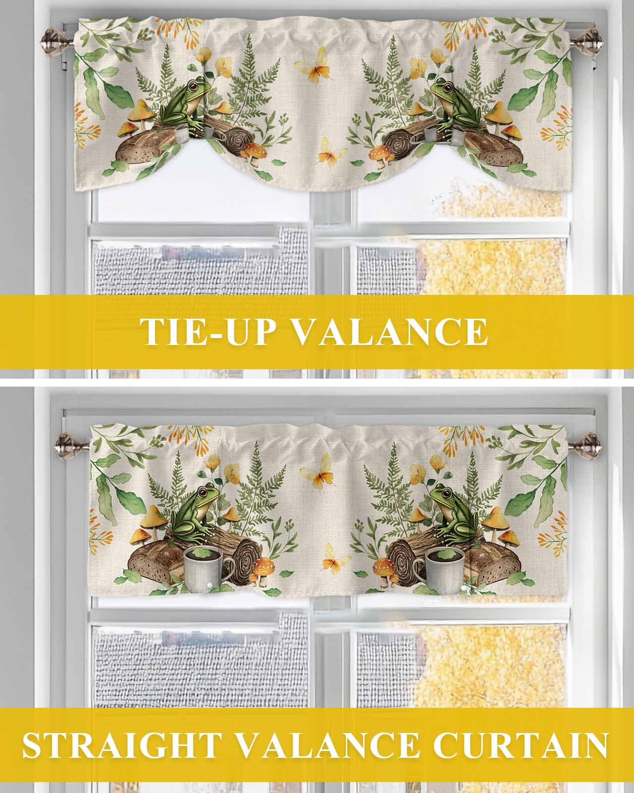 Green Frog Tie Up Valances Curtain, Adjustable Kitchen Coffee Mushroom Butterfly Vintage Linen Valances for Windows Decor, Rod Pocket Short Curtains Set for Bedroom/Bathroom, 54"x18"