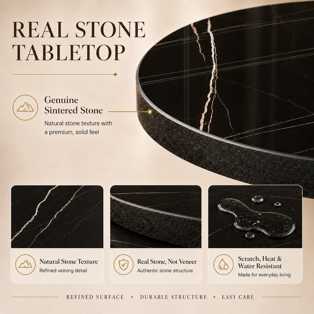 Aukfa 31.5" Round Sintered Stone Dining Table for 2-4, Kitchen Table Tulip Table with Gold Pedestal Base for Bistro Small Apartment,Nero Black