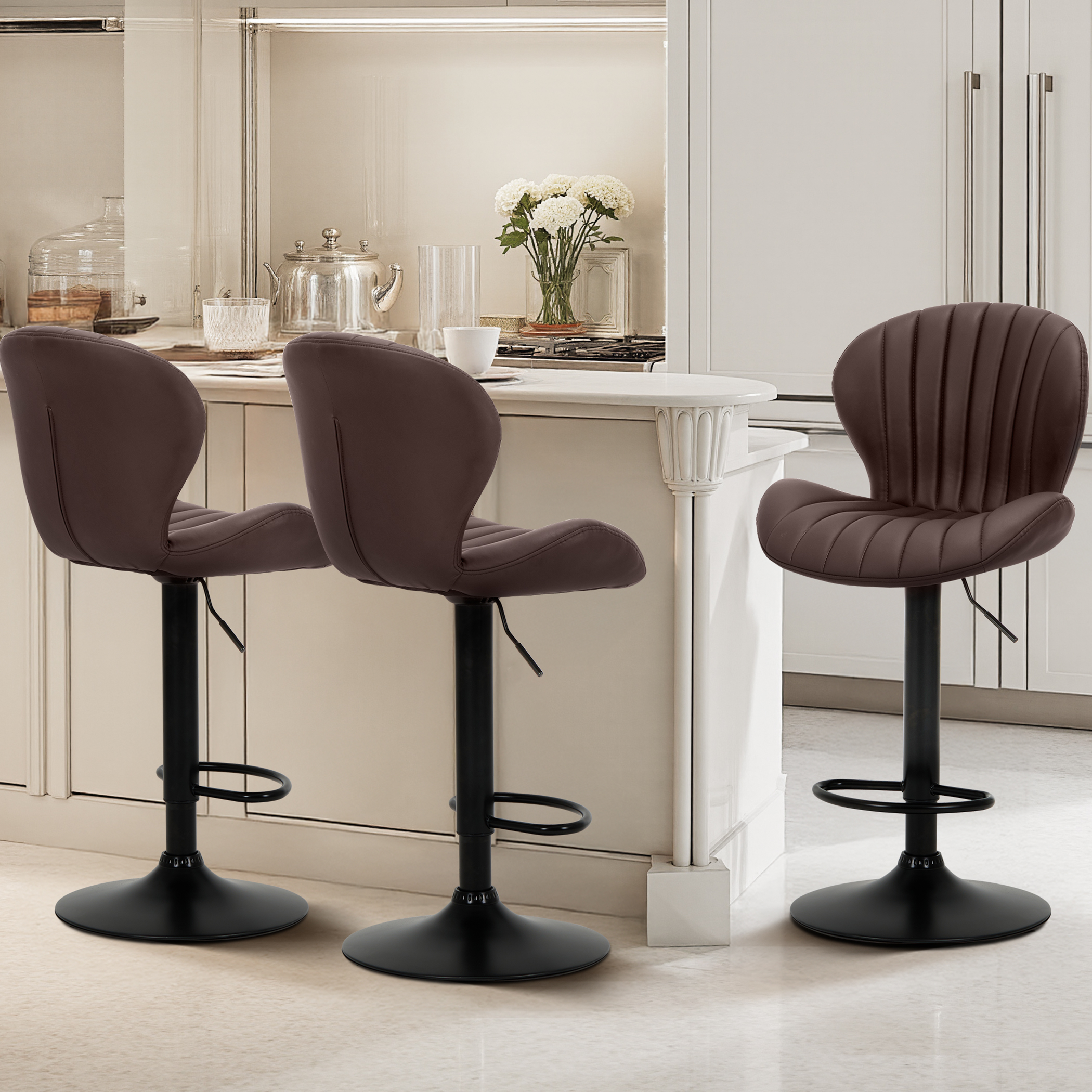 EOP Swivel Bar Stools Set of 2, Modern Upholstered Adjustable Height Counter Stools with Footrest, Faux Leather Upholstered BarStools with Metal Frame, Bar Chairs with Backrest, Brown