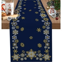 Gold White Snowflakes Christmas Table Runner, Winter Xmas Holiday Cotton Linen Tablecloth Holiday Farmhouse Table Decor for Home,Kitchen,Dining Room,Indoor,Outdoor,14X72 Inches Long, Navy Blue