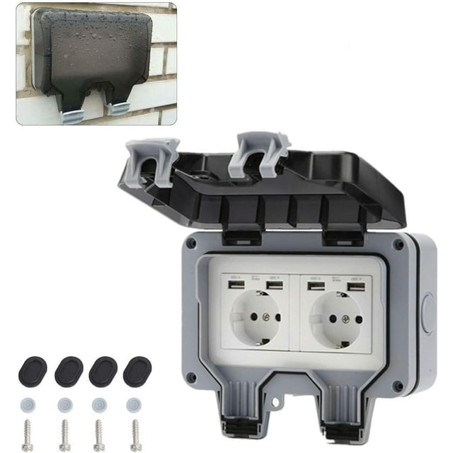 Enchufe impermeable con caja, tomas dobles para pared exterior, interruptor doble Ip66, enchufe de pared con Usb para jardín, garaje, piscina con cubierta