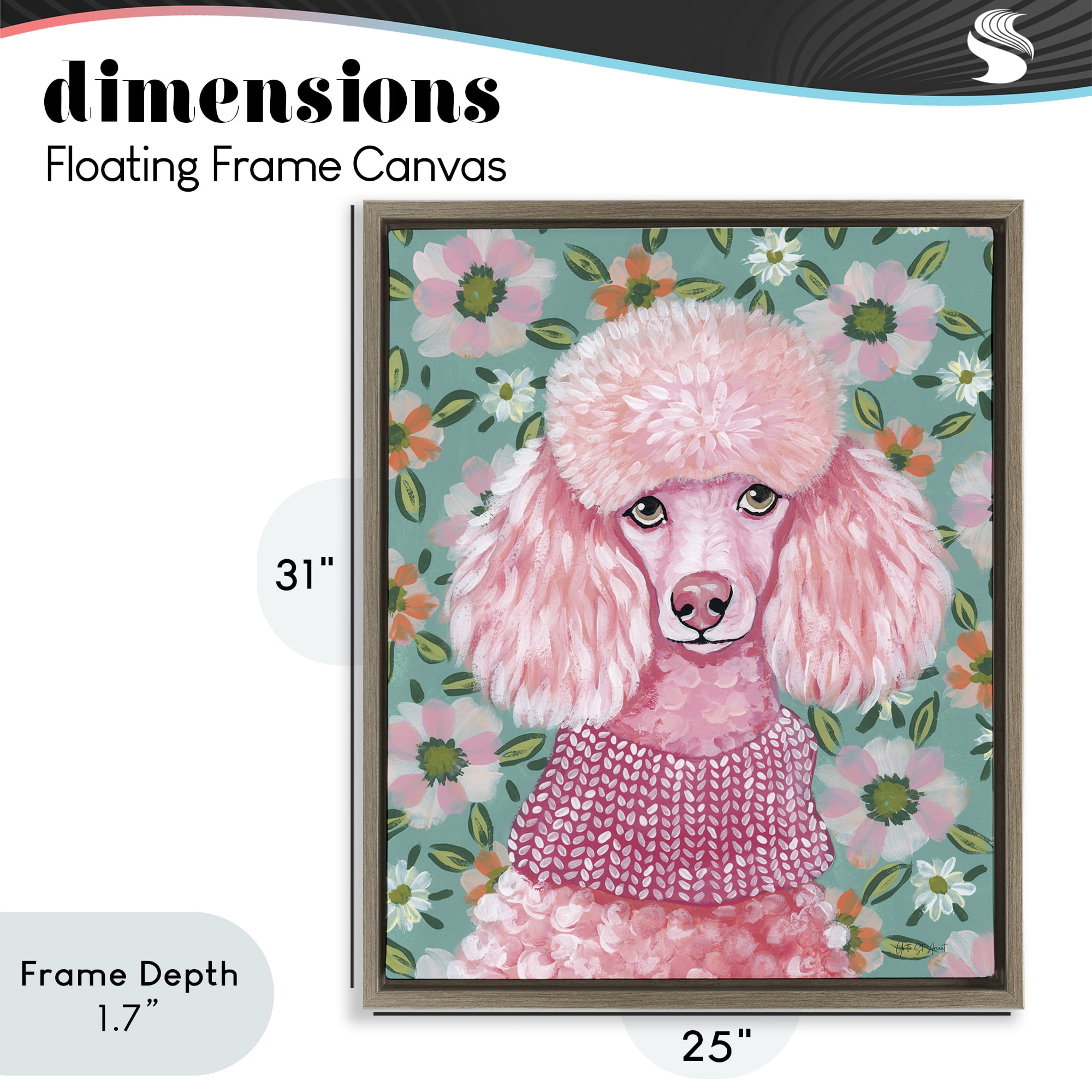 Stupell Industries Floral Poodle In Pink Brown Framed Floater Canvas Wall Art, design by Yvette St. Amant