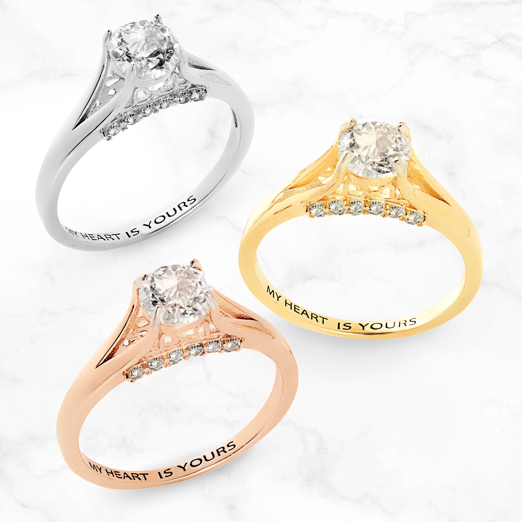 Vow & Forever Personalized Planet Bridal 14K Rose Gold over Sterling Silver Brilliant White Topaz Engraved Wedding Ring ,Women's