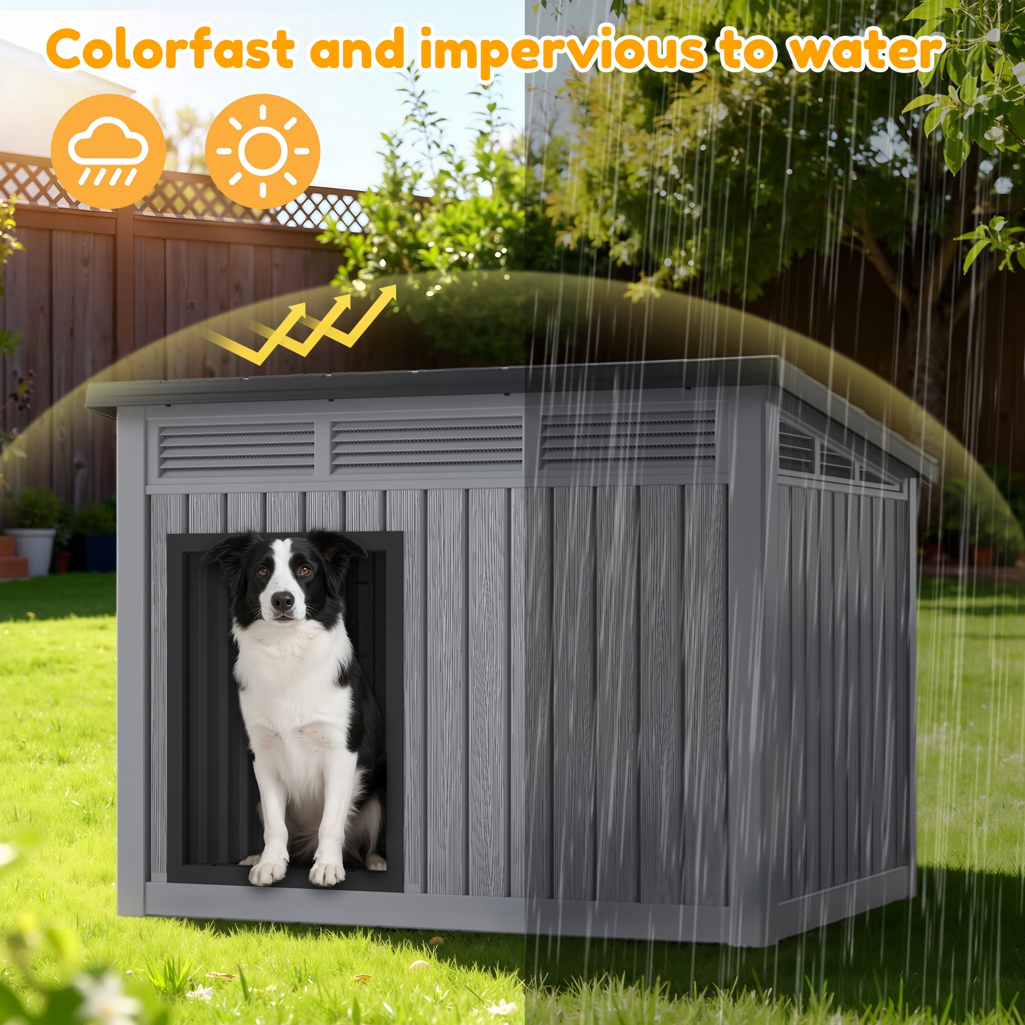Nihsuao Waterproof Dog House for Medium to Large Dogs, Indoor Outdoor PP Kennel with Ventilated Design & Removable Roof, Easy to Clean, Gray, 42.2"L x 30"W x 31"H