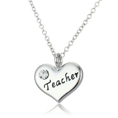AkoaDa Best Teacher Gift Love Heart Silver Crystal Pendant for Teachers Presents School End Of Term Necklace