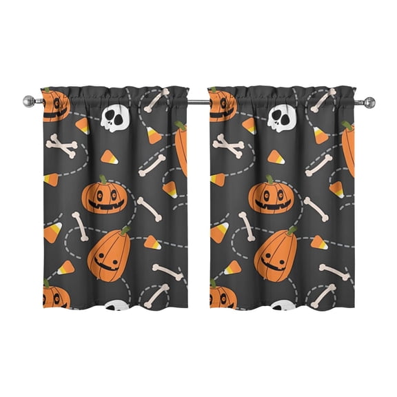 Spooky Halloween Kitchen Curtains Set of 2, with Skeleton and Pumpkin Illustration, Semi-Sheer Window Panels 27.5x36in(70x90cm) Kitchen Curtains