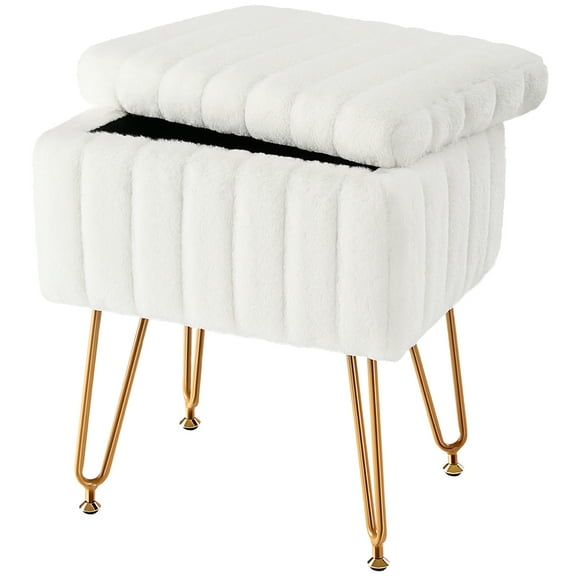 JIOABL Vanity Stool Chair with 4 Metal Legs Anti-Slip Adjustable Feet, Faux Fur Seat, Storage Space, White