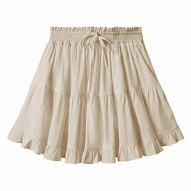 Women Boho Ruffled Tiered Swing Beach Skorts Drawstring High Waisted Tennis Golf Y2K Short Skirt Beige M