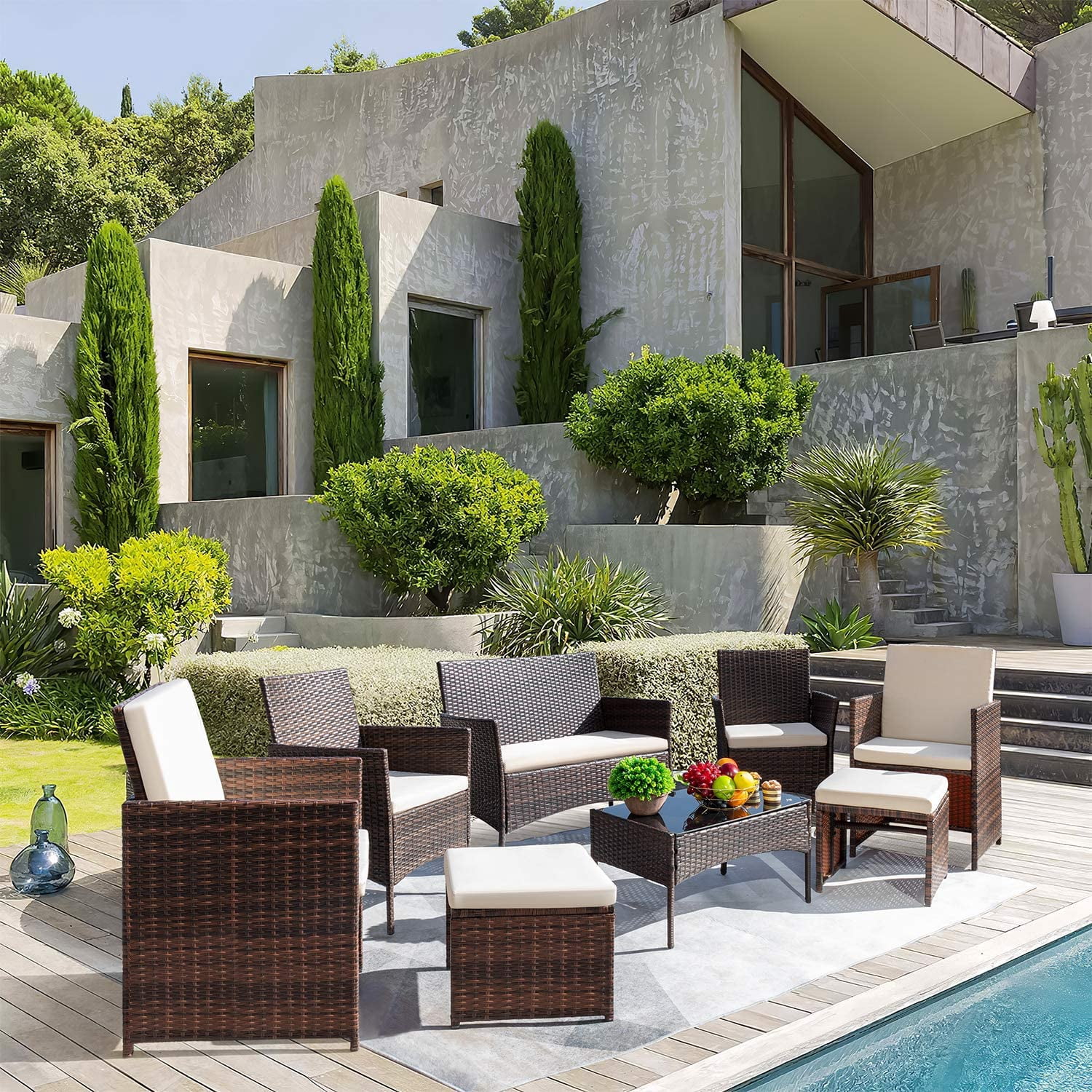Vineego 8 Pieces Patio Furniture Set Outdoor All Weather Cushioned Wicker Chairs with Ottoman and Glass Table(Beige)