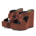 thumbnail image 5 of FSJ Women Wide Cross Strap Wedge High Heeled Mules Open Square Toe Platform Slide Sandals Sexy Cocktail Party Summer Slippers Size 8 Brown, 5 of 5