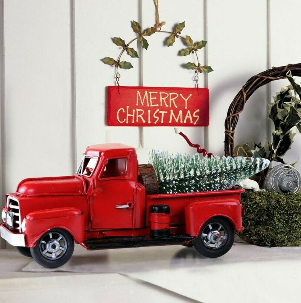 Vintage Metal Classic Rustic Pickup Truck Christmas Tree Home Office Decor Red 