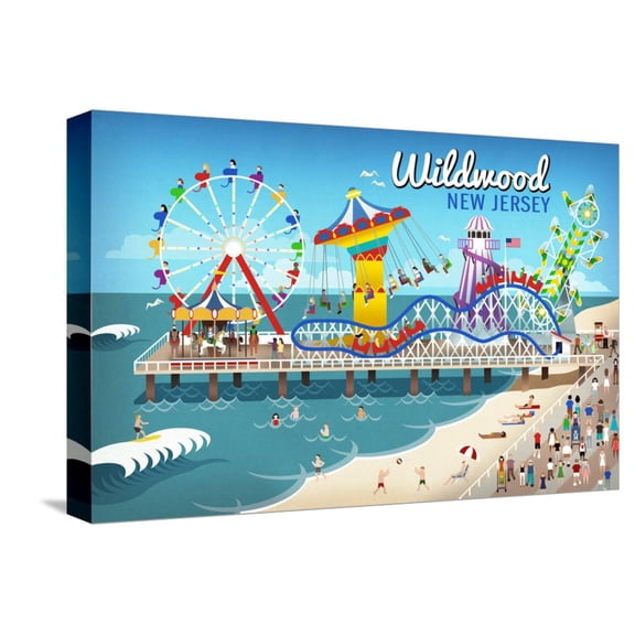 Art.com Wildwood, New Jersey - Retro Beach Boardwalk Stretched Canvas Print Wall Art by Lantern Press, 18" x 12"