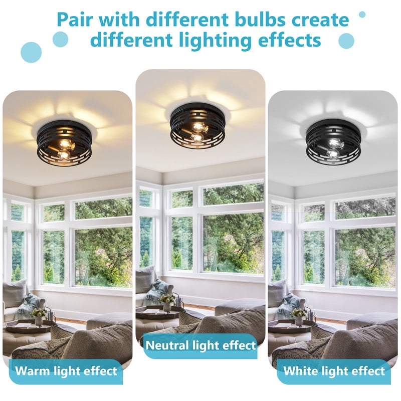 HKMGT Rustic 2-Light Flush Mount Ceiling Light, Matte Black Grid Pattern Frame, E26 Base, Round Close to Ceiling Light for Hallway, Entryway, Bedroom, Kitchen （2-Pack）
