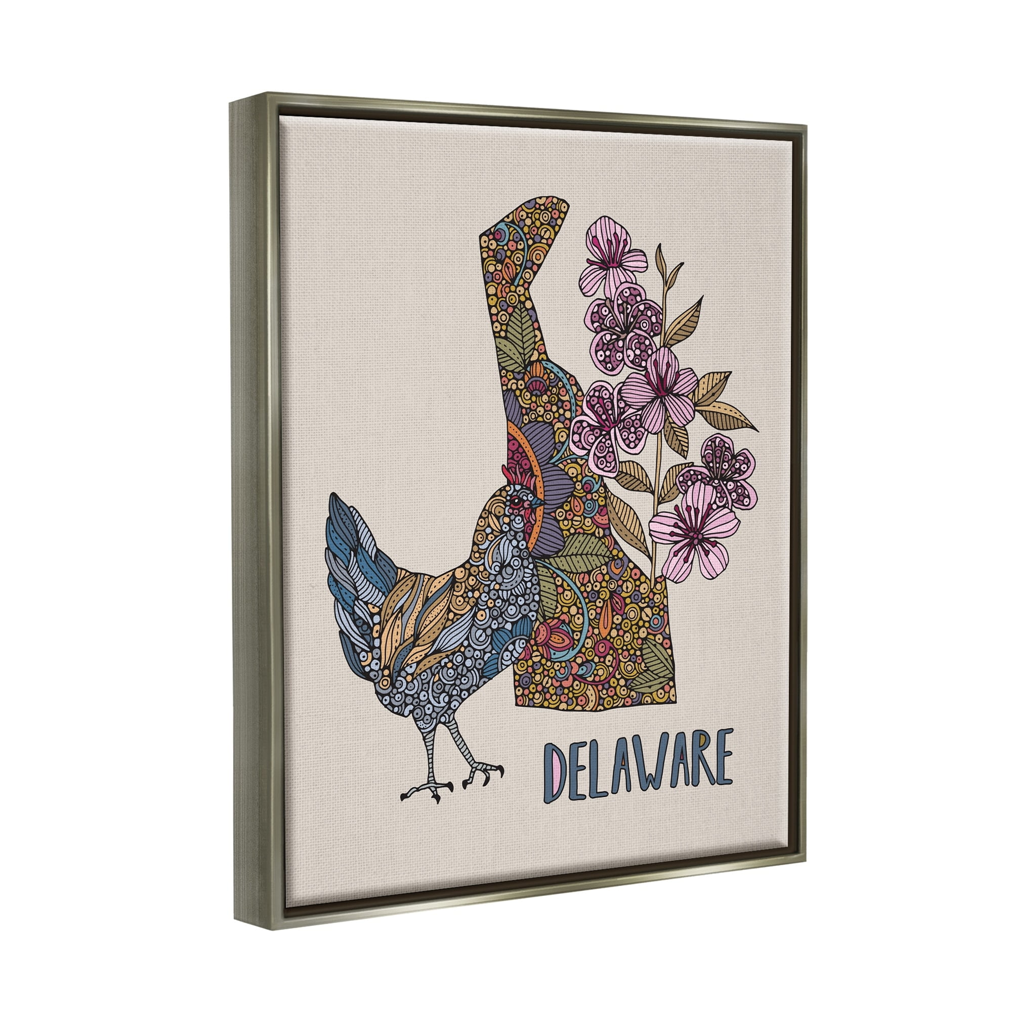 Stupell Industries Delaware Blue Hen State Flower Intricate Blossoms Graphic Art Luster Gray Floating Framed Canvas Print Wall Art, Design by Valentina Harper