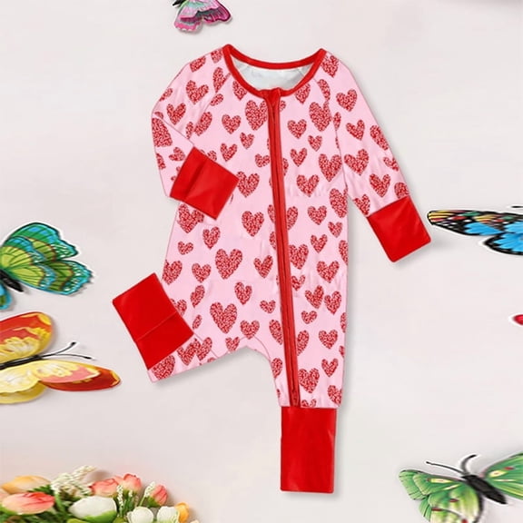 ZEHJUHAN Baby Girls' Cute Romper, Round Neck Heart Print Long Sleeve Full-Zip Bodysuit For Spring Fall Red,1-3M
