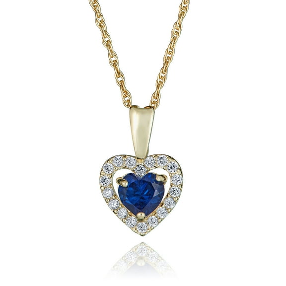 AVORA 14K Yellow Gold September Birthstone-Blue Sapphire with Simulated Diamond CZ Heart Halo Pendant Necklace with 18" Chain