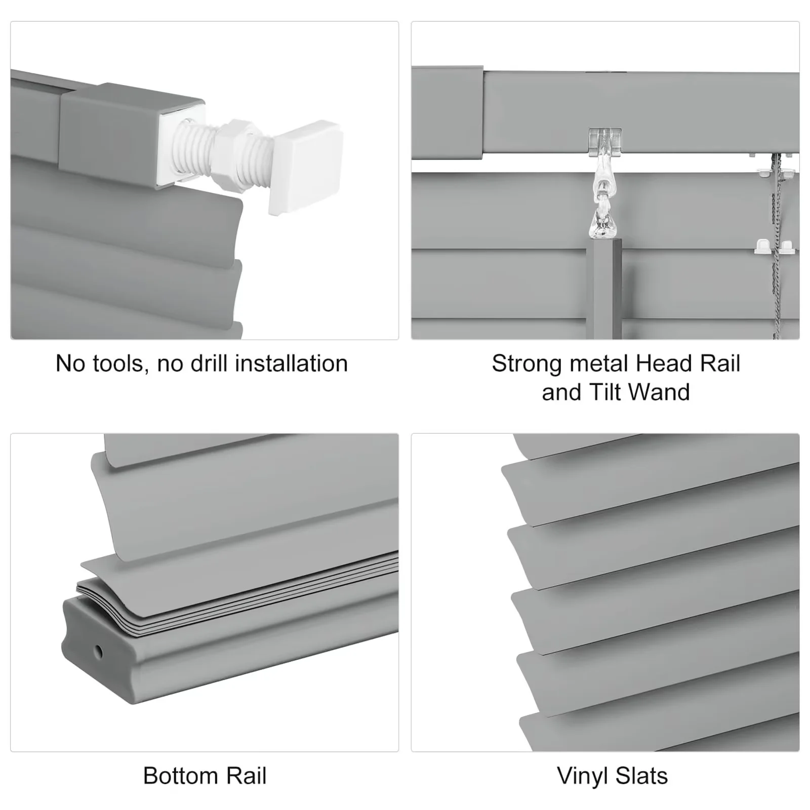 MYshade No Tools-No Drill Gray-34"W*48"H Cordless 1" Light Filtering Mini Blinds for Indoor Windows Horizontal Shades with Smooth Lift & Dustproof Slats