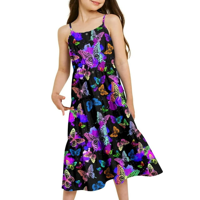 MEZZALL Robe d'Été Décontractée pour Filles Robes à Volants Bretelles Spaghetti Tourbillon Taille 6-14T Tenue Quotidienne Douce 6-7 Ans