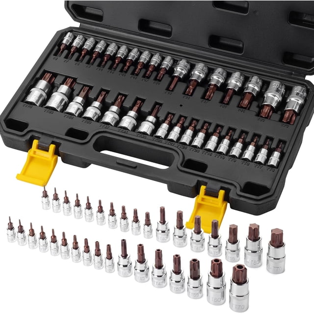 Torx Bit Socket Set, 34 pcs Set with Case, T6-T70, 1/4", 1/2" & 3/8" Drive, Solid and Tamper Proof Star Bit Socket Set