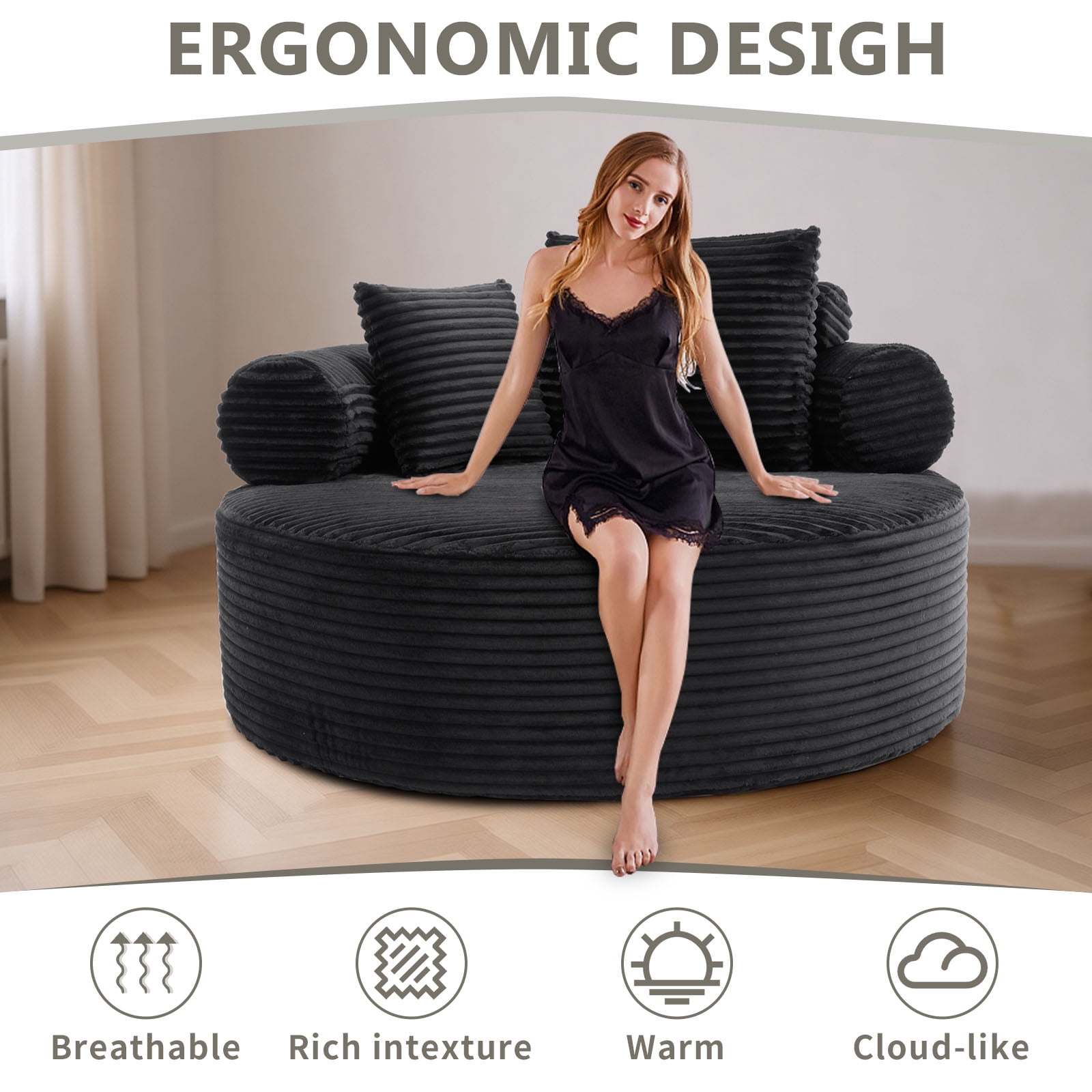 Miniyam 55.5" W Round Oversized Chaise Lounge Indoor with Memory Foam Sofa for Living Room, Cloud Couch with 3 Pillows, Black