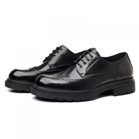 Men's Leather Brogue Oxford Dress Shoes, British Style Platform Chunky Sole Lace-Up Business Formal Shoes