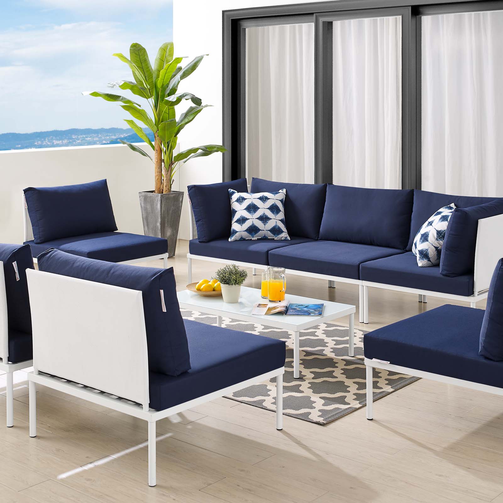 Lounge Sectional Sofa Chair Table Set, Sunbrella, Aluminum, Metal, Steel, White Blue Navy, Modern Contemporary Urban Design, Outdoor Patio Balcony Cafe Bistro Garden Furniture Hotel Hospitality - image 5 of 10