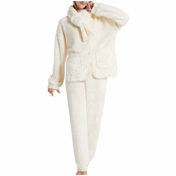 cfhntfmh Pajamas for Women Sets Loose Comfy Fluffy Pajama Fleece Pullover Pjs Warm Plush Lounge Sleepwear 3 Piece with Scarf