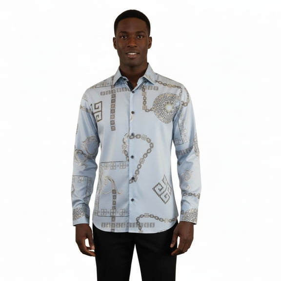 Men Sports Shirt by DE-NIKO Long Sleeves Fashion Print Soft Modal 2F008 Gray