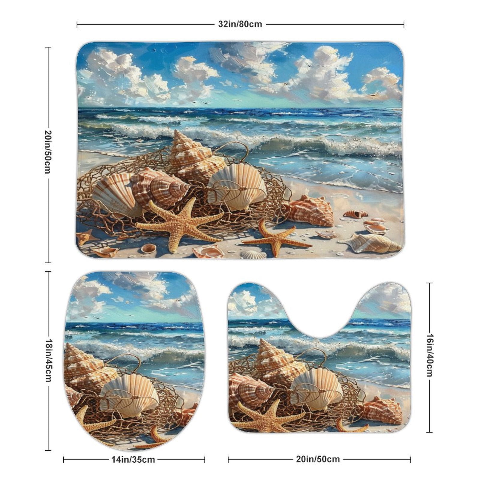 Beach Seashell Starfish Bathroom Rug Set of 3, No Silp Washable Cover Floor Rug Decorations for Kitchen Bathroom Bedroom