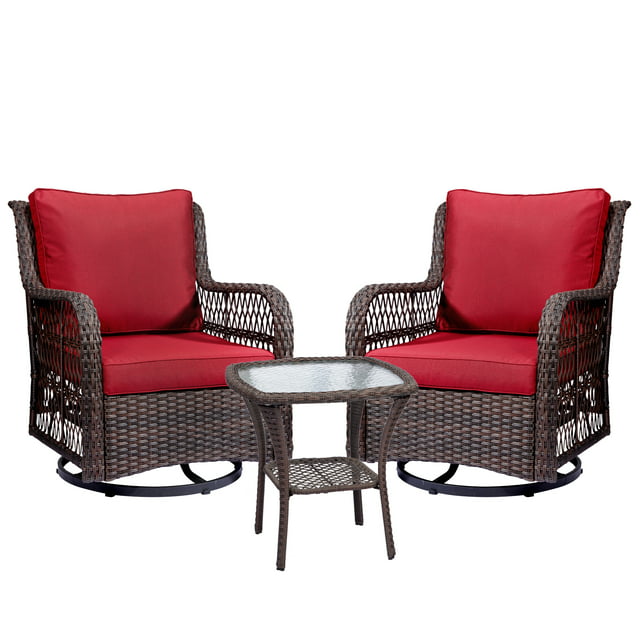 3 Pieces Outdoor Swivel Rocker Patio Chairs Set with Cushion,2PCS 360° Swivel Rocking Patio Chairs and 1PC Matching Side Table for Outside Backyard Garden Rust Red