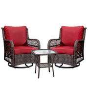 3 Pieces Outdoor Wicker Swivel Rocker Patio Set, 360 Degree Swivel Rocking Chairs Elegant Wicker Patio Bistro Set with Premuim Cushions and Armored Glass Top Side Table for Backyard,Red