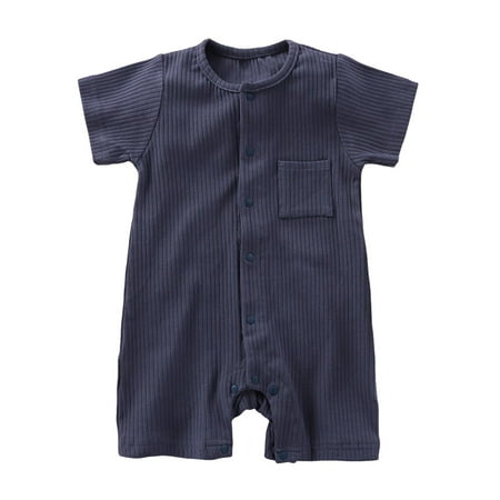 BRGZLK Baby Boys Girls Romper Summer 2026 Solid Color Cute Breathable Collar Button Down Cotton Jumpsuit Newborn Round Neck Short Sleeve Crawling Suit Navy 9-12 Months