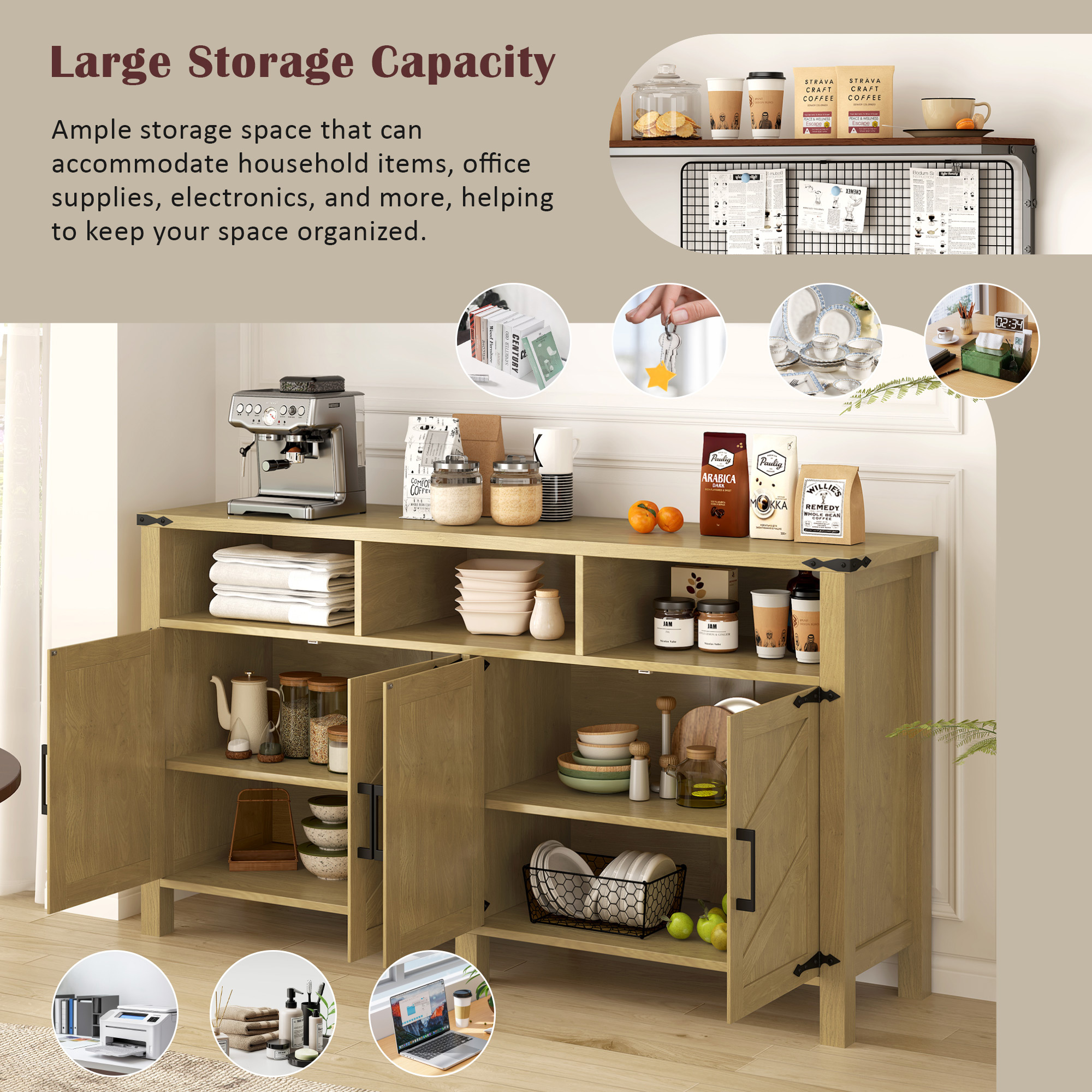 Euroco 59" Large Sideboard Buffet Cabinet with Storage, Wood Coffee Bar Station with Charging Station,Adjustable Shelves and Open Storage Shef for Living Room,Dining Room,Natural