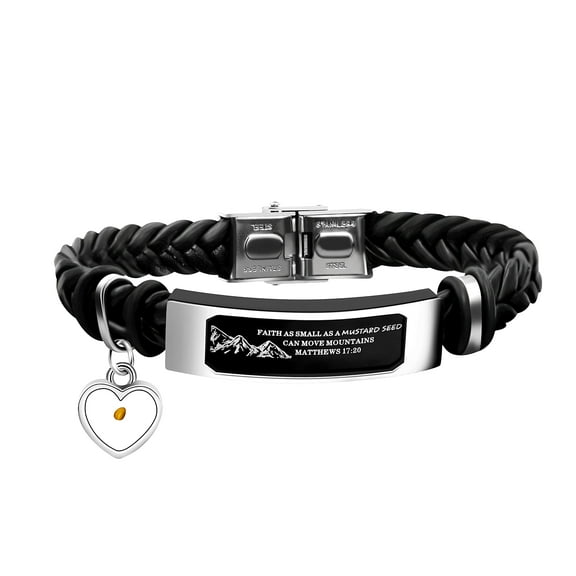 Uloveido Braided Leather Bracelet for Men, Stainless Steel Bar Engraved Faith Small AS A Mustard Seed Can Move Mountains Matthews 19:20