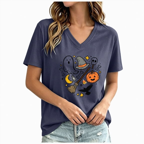 CAUYDY Womens Halloween Printed T-Shirts Short Sleeve Graphic T Shirts Fashion Fantasy V Neck Tee Navy Sizes S