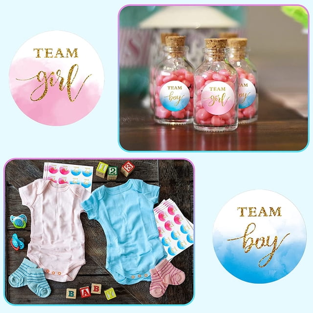 Lincia 100 pegatinas doradas de acuarela para revelación de género, 2.0 in,niña, equipo, niño, etiquetas para fiestas de revelación de género, baby showers, invitaciones de fiesta