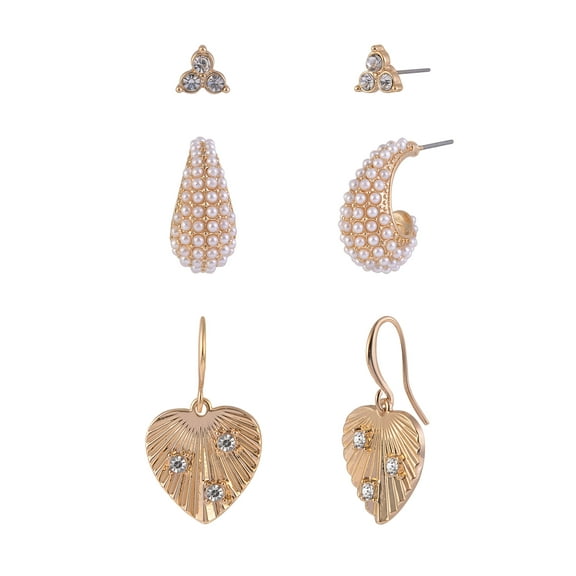 Time and Tru Women's Textured Heart Cry and Acrylic Pearls Goldtone 3pc Earring Set