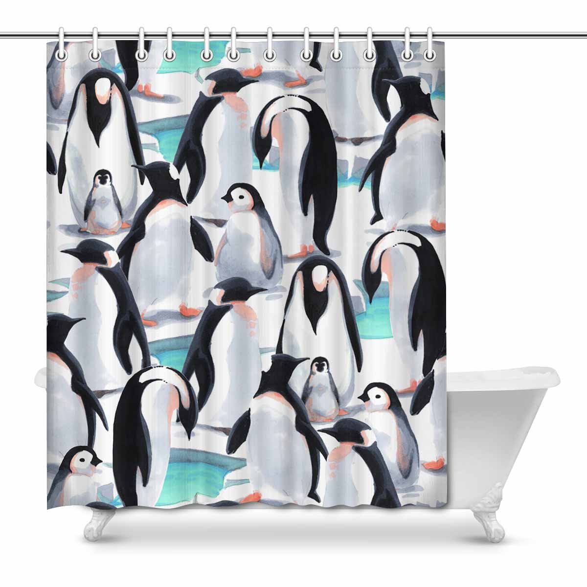 Penguin Waterproof Polyester Fabric Home Decor Shower Curtain Bathroom Mat Set 