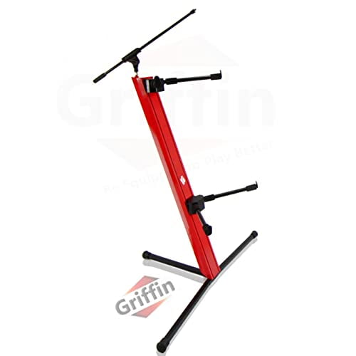 Griffin 2-Tier Column Keyboard Stand with Mic Boom Arm Double Sliding Multi Mounting Platform Red Stage Tower Rack | Holder for Digital Piano, Turntable, DJ Audio Gear, Studio Laptop Synthesizer