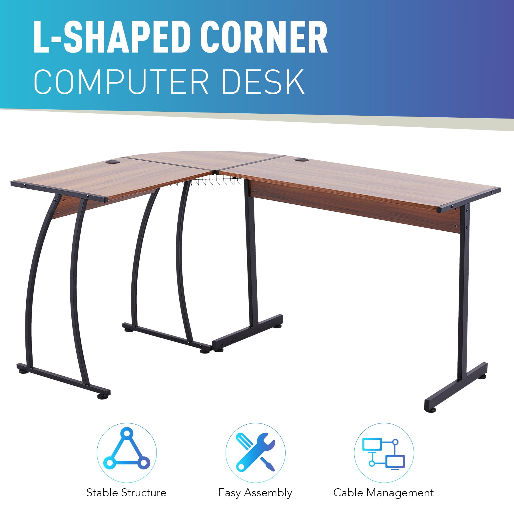 L Shaped Computer Gaming Desk Corner Desk with Cable Management, Walnut