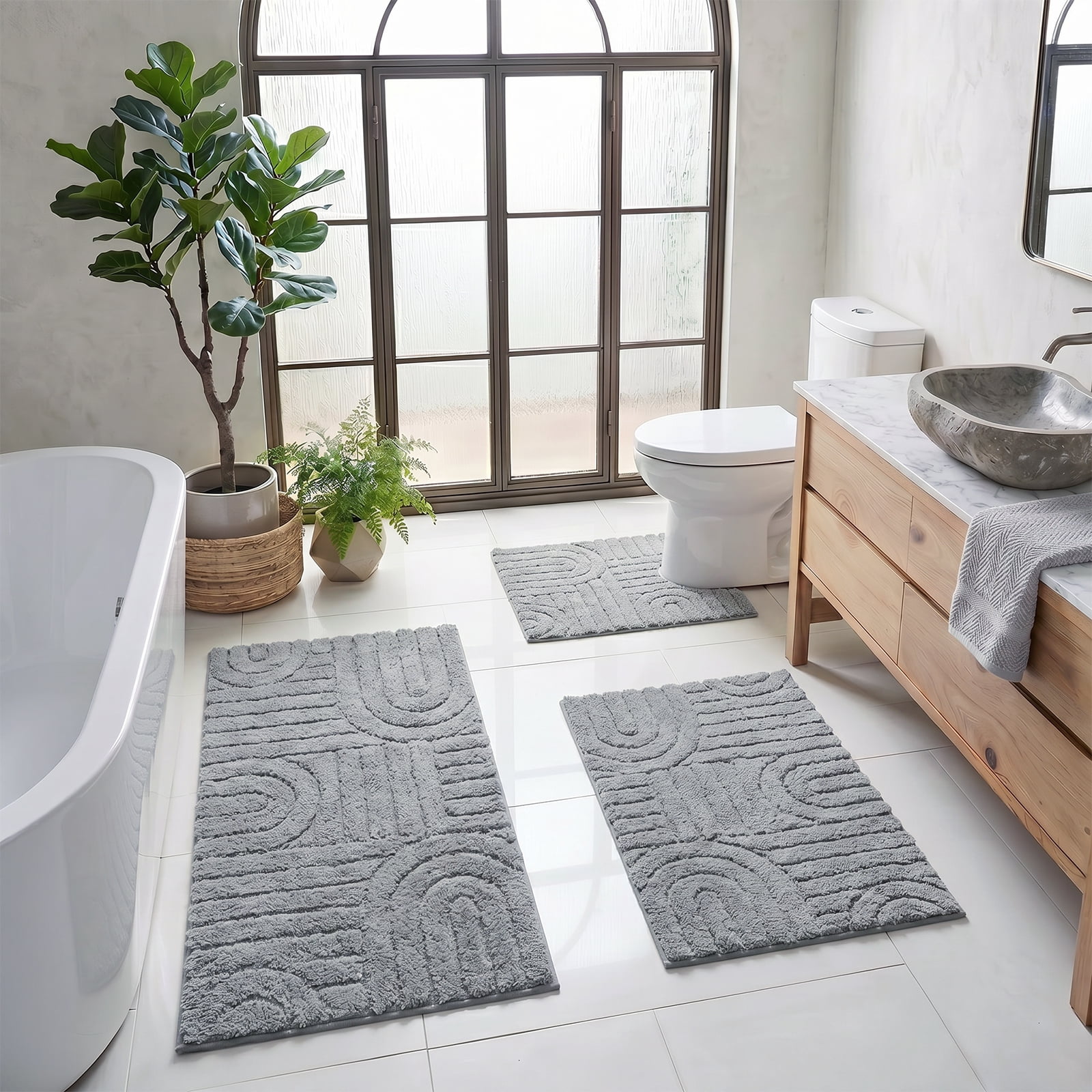 Aonewoe Bath Mat Sets 3 Piece Microfiber Bathroom Mat Sets Water Absorbent Washable Non Slip Bath and Toilet Rug Set for Bathrooms Decor（Gray）