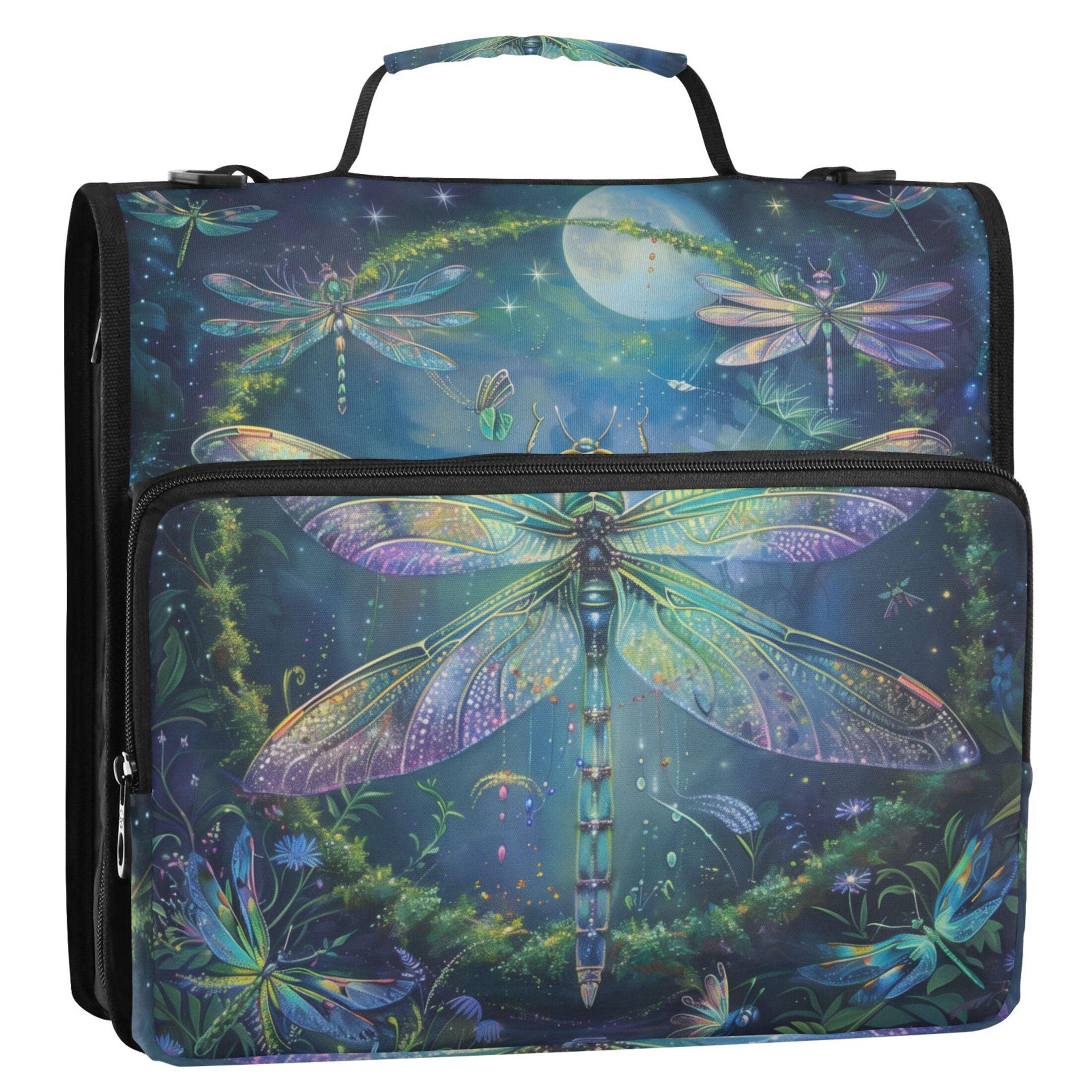 3 Ring Zipper Binder with Shoulder Strap Waterproof Trapper Keeper 2 Inch D-Ring 500 Sheets Capacity Beautiful Dragonflies