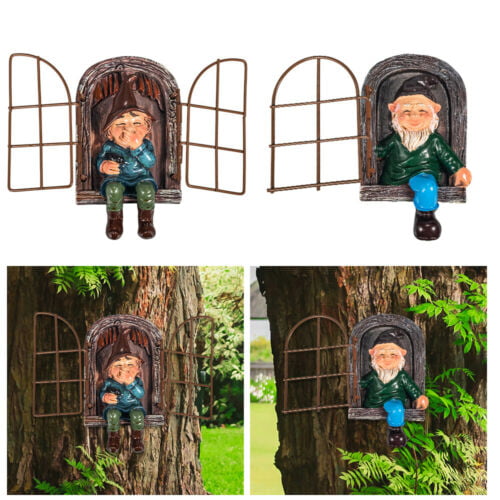 Elf Out The Door Tree Hugger Yard Art Outdoor Resin Gnome Statue Garden Decor 